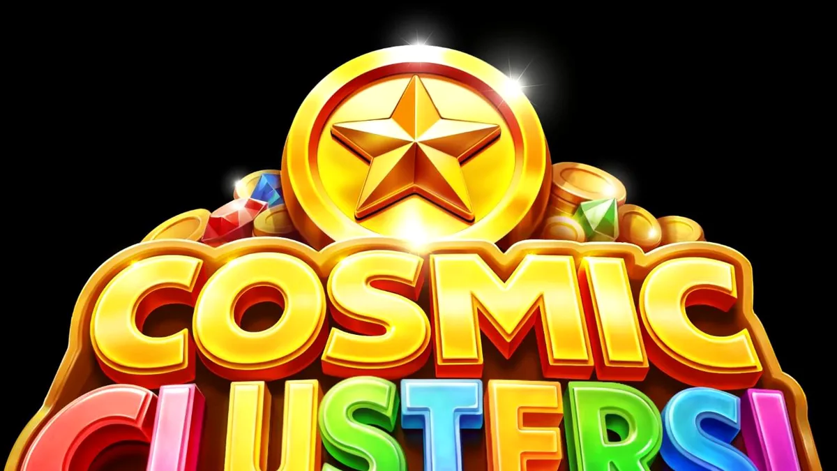 Isang madilim at neon-lit na tema ng Cosmic Clusters slot na nagpapakita ng mga alien at gemstones sa kalawakan.