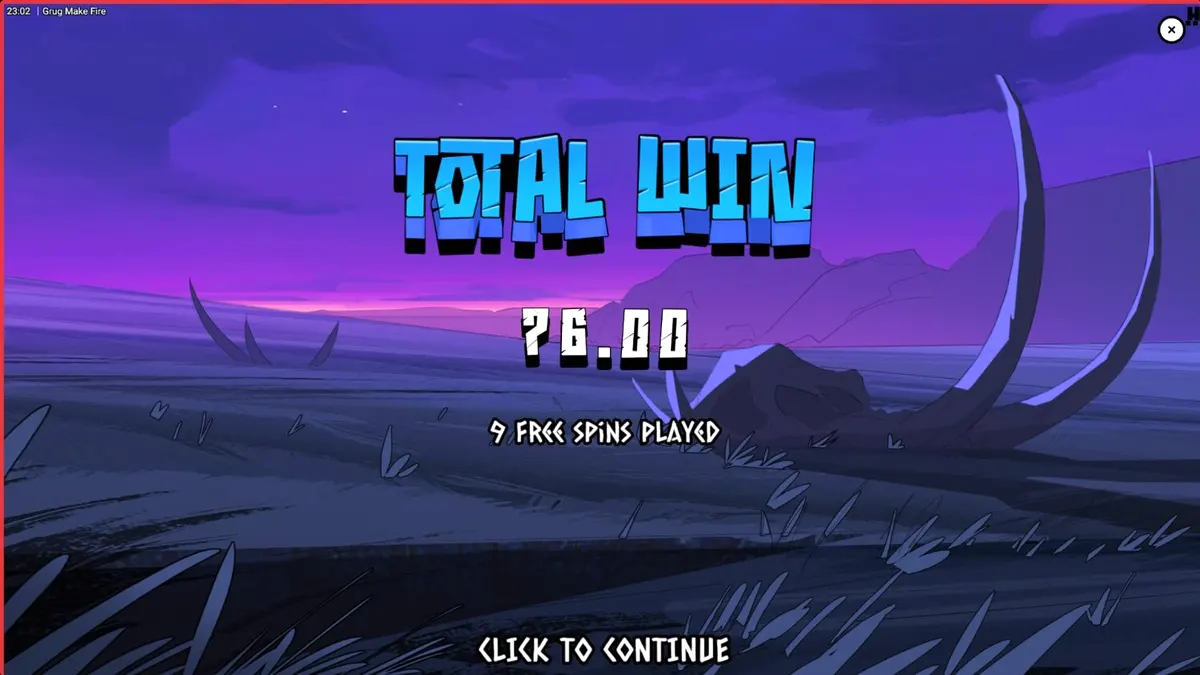 Grug Make Fire slot game screen na may mga nagliliyab na simbolo at prehistoric na tema.
