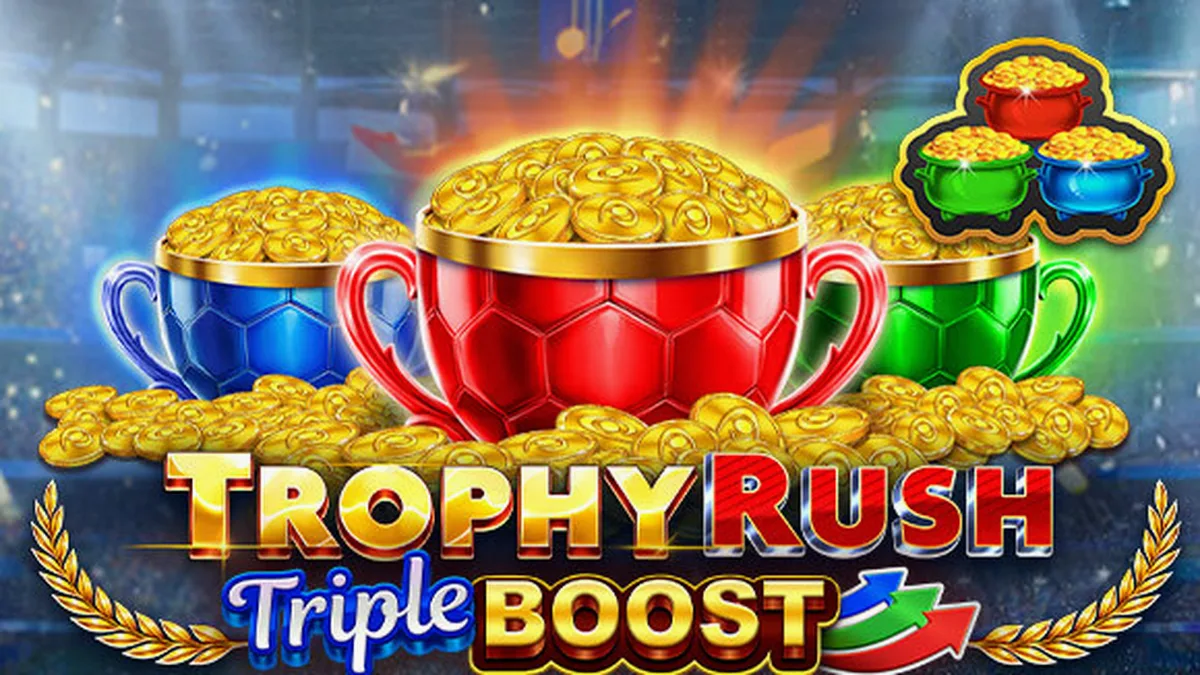 Isang visual na representasyon ng Trophy Rush Triple Boost slot na nagpapakita ng mga golden coins at jackpot interface.