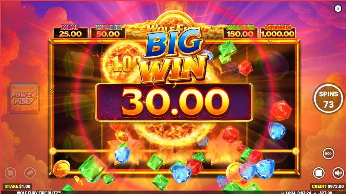 Wolf Fury Fire Blitz slot game reels na may mga prutas at lobo